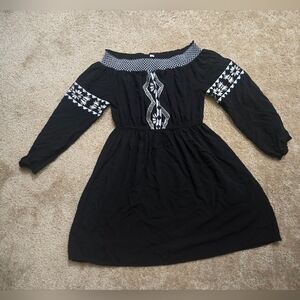 Blue Rain Off-Shoulder Black Mini Dress with White Embroidery